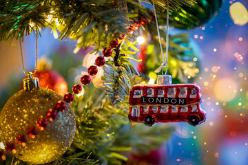 Wall Mural - A little, red double decker bus from London as a christmas ornament on a illuminated tree with selective focus