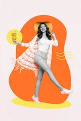 Poster - Composite collage picture image of attractive funny happy woman enjoy summer vacation beach resort clothes sunbathe fresh cocktail juice