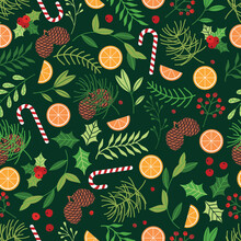 Seamless Christmas Pattern With Spruce Branches, Orange Slices, Mistletoe And Candy Cane. Christmas Wrapping Paper Concept. 