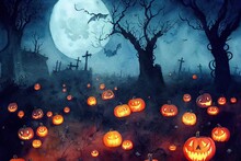 Watercolor Art Halloween Old Haunted Cemetery Illuminated By Full Moon Glow And Guarded By Orange Jack-o-lantern Pumpkins Underneath Spooky Old Dead Trees..