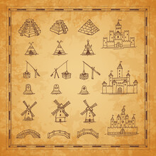 Vintage Map Sketches Of Castle, Pyramid, Bridge And Windmill, Tomb, Wells And Wigwams. Vector Antique Cartography Elements On Old Paper Or Parchment, Medieval Treasure Map And Adventure Theme