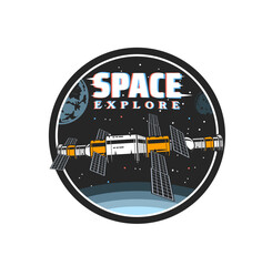 Wall Mural - space explore, orbital station or spaceship in galaxy discovery, vector icon. orbital space station 