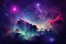 Galaxy With Colorful Nebula, Shiny Stars And Heavy Clouds, Highly Detailed, AI Generated Image.