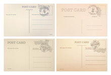 Vintage Postcard, Post Card Templates With Postal Stamps, Vector Backgrounds. Old Retro Postcard Backsides From London, Lisbon, Michigan And Florida, Blank Mail Postage And Travel Post Cards
