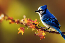 3d Illustration Of Tiny Blue Jay On A Branch In Autumn Forest