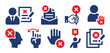 Refuse or reject icon set. Containing decline document, cross sign, disagree man, stop hand and disapprove contract icons. Vector illustration.