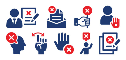 Leinwandbilder - Refuse or reject icon set. Containing decline document, cross sign, disagree man, stop hand and disapprove contract icons. Vector illustration.