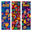 Brazilian Rio carnival party banners, cartoon toucan and parrot birds, drums, flowers, lianas and plants. Vector Brazil carnival of samba dance and music, Rio de Janeiro festival, holiday poster