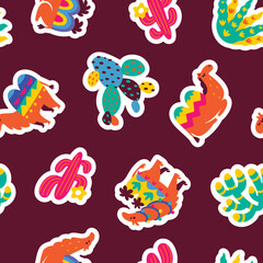 Wall Mural - Seamless pattern with flat cartoon camels and succulents stickers. Vector illustration