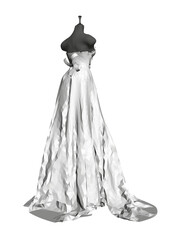 Polygonal model of a white wedding dress on a dark mannequin isolated on a white background. Back view. 3D. Vector illustration.