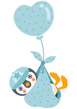 Cute Baby Boy Penguin Flying With Blue Heart Balloon