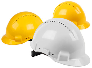 Three hard hat work team, protective safety helmets isolated