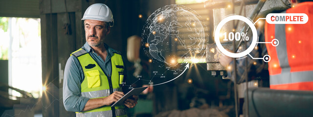 Wall Mural - professional industrial engineers in working at heavy industry manufacturing factory, man worker in an construction job, maintenance service checking for safety first concept, technology data graphic