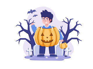 Wall Mural - Illustration A child wears a pumpkin costume to celebrate Halloween.
Cute Halloween Outfit Illustration.
Trick or Treat Happy Halloween.
Can be used for greeting card, postcard, web, etc