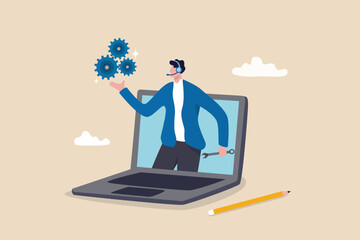 Support staff help fixing technical problem, help desk or operator with phone call or chat to assist customer concept, helpful man with headset talking with customer help solve computer problem.