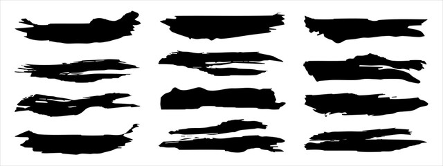 Wall Mural - Vector collection of artistic grungy black paint hand made creative brush stroke set isolated on banner background. A group of abstract grunge sketches for design education or graphic art decoration