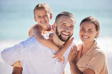 Sticker - Family beach, child travel and parents happy on holiday by the tropical water on Island in Costa Rica during summer. Portrait of a mother, father and girl with smile on vacation by the ocean