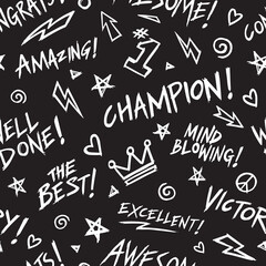 Awesome Celebration Congratulatory words. Positive words seamless pattern. Vector illustration background.