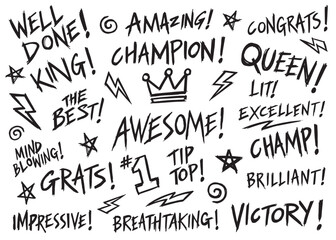 Awesome Celebration Congratulatory words. Positive words collection set. Vector Illustration.