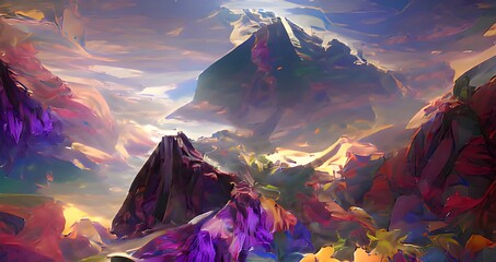 a psychedelic illusion mountain scenery, moody, space, colorful, sun, artstation, digital art