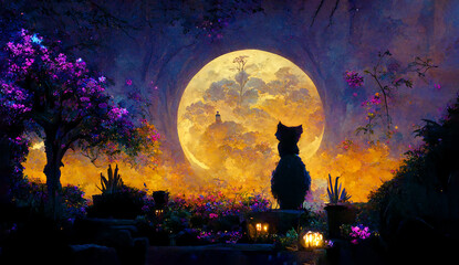 A cat silhouette in epic landscape