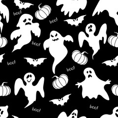 Wall Mural - Happy Halloween. Seamless pattern with pumpkins, haunted and bat. Vector illustration.