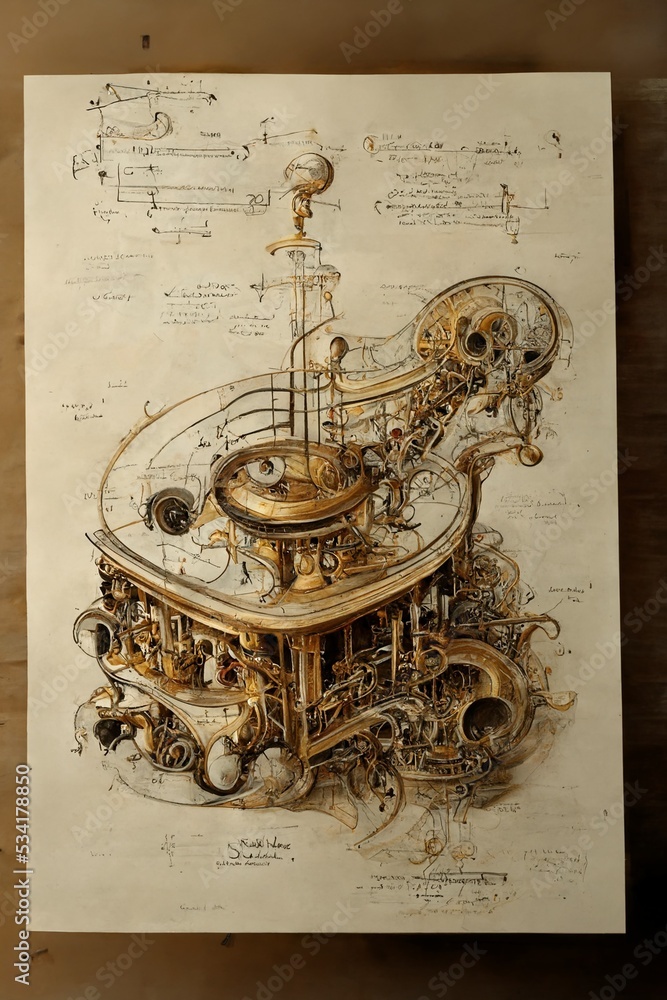 Organ, giant piano blueprint, sketch, diagram, outline with dimensions, outline and technical specification, engineering research. Drawing on old paper, pencil drawing.
