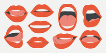 Set Of Open Women's Mouths, White Teeth, Tongue . Female Red Lipstick Lips With Different Emotions, Mimic, Facial Expressions . Make Up, Beauty, Podcast . Sexy Talking, Kissing Mouth, Human Body Part