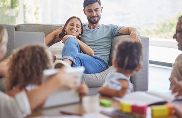 Poster - Family, children and parents love with a mother and father watching the kids while learning or playing in the living room. Happy, home and relax with a man and woman on a sofa in their home to relax