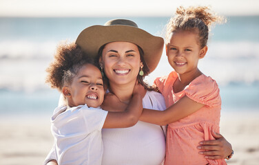 Poster - Portrait of mother with child at beach smile, happy and hug with love. Latino woman with children, happy spend time as mother and daughters, on summer family holiday or travel vacation at an ocean