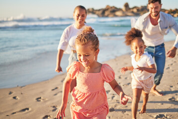 Canvas Print - Mother, father and children running on beach in fun, play and race game on family summer holiday by sea or ocean. Smile, happy and vacation daughter, girls or kids bonding with Colombia man and woman