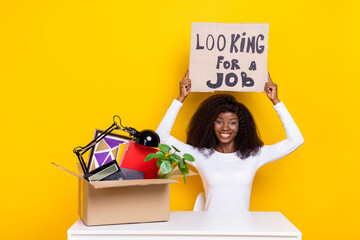 Poster - Photo of cheerful nice person arms hold paper looking job banner board isolated on yellow color background