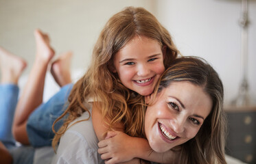 relax, hug and portrait of mother with child in new zealand family home enjoy bonding together. care