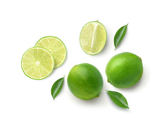 Wall Mural - Flat lay of fresh lime with  cut in half and leaves isolated on white background.Clipping path.