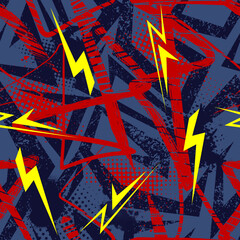 Poster - Abstract seamless pattern with urban geometric elements and lightning. Grunge sport texture background. Dark print for boys