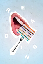 Collage Photo Of Big Abstract Creative Open Mouth Eating Many Books Reader Learner Study Education Tasty Lunch Isolated On Painted Background