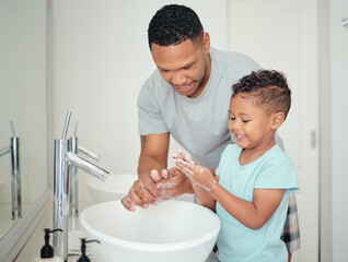 Canvas Print - Soap, father and child cleaning hands for hygiene, wellness and positive morning routine in a healthy lifestyle. Happy, smile and dad enjoys washing fingers with young kid, boy or son in the bathroom