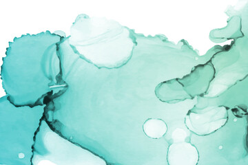 Modern watercolor background or elegant card design or wallpaper or poster with abstract teal ink waves and splashes.