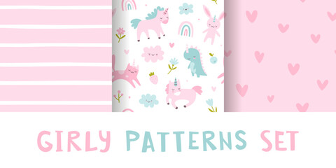 Wall Mural - baby girl pattern collection. cute seamless pink vector prints set. scandinavian girly patterns.