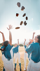 Poster - Winning team, baseball and celebration with women group throwing their gloves in victory and feeling happy after a game or match. Teamwork, softball and success of girls players enjoying a sport