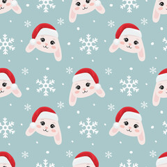 Wall Mural - Christmas seamless pattern with bunny face in christmas hat. Beautiful background for gift wrapping papers, greeting cards, decoration.