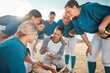 © Lumeez Ismail/peopleimages.com - Coach of girl team in softball, planning with players before match or game. Trainer of woman baseball squad in huddle, talk on teamwork and strategy, motivation to win sport tournament or trophy