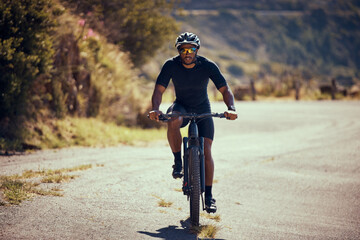 Poster - Fitness, mountain and man cycling on a bicycle in summer for exercise, training and cardio workout on the road. Lifestyle, wellness and strong cyclist enjoys riding his mountain bike alone outdoors