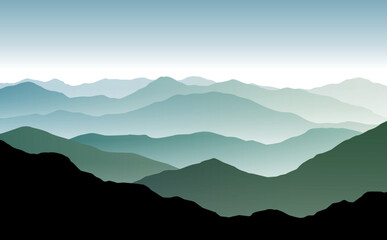 vector panoramic landscape with blue and green misty silhouettes of mountains and clear sky