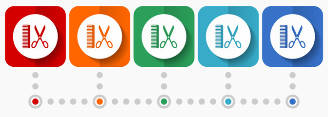 Aufkleber - Barber shop vector icons, infographic template, set of flat design hair salon symbols in 5 color options