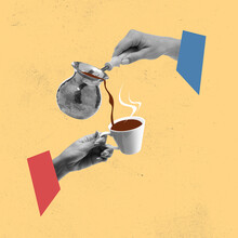 Contemporary Art Collage. Woman Pouring Warm Coffee Into Cup From Coffee Cezve. Lunch Break