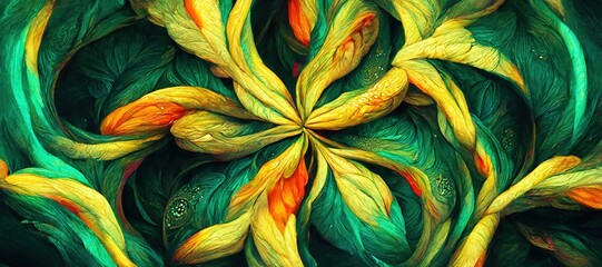 Wall Mural - Abstract flower fantasy of petal swirls, vibrant bright spring colors of emerald and lime green, sunflower yellow. Gorgeous decoration & blooming beautiful design background.