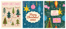 Merry Christmas And Happy New Year Greeting Cards Template. Vector Set Of Winter Holiday Illustrations In Vintage Style. Christmas Tree And Toys. 2023 New Year Hand Drawn Poster