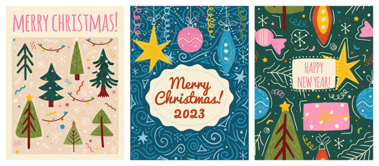 Wall Mural - Merry christmas and happy new year greeting cards template. Vector set of winter holiday illustrations in vintage style. Christmas tree and toys. 2023 new year hand drawn poster