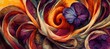 Abstract flower fantasy of petal swirls, vibrant bright autumn colors of burnt orange, red, touch of emerald green and sunflower yellow. Gorgeous decoration & blooming beautiful design background.